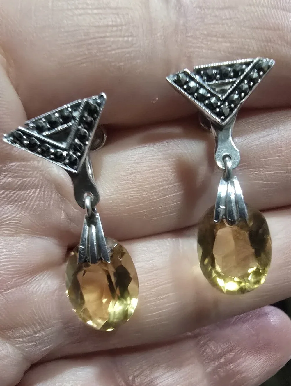 Vintage Van Dell Sterling Citrine Marcasite Screw Back Earrings